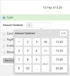 Amount Tendered number pad with quick entry for likely cash amounts.