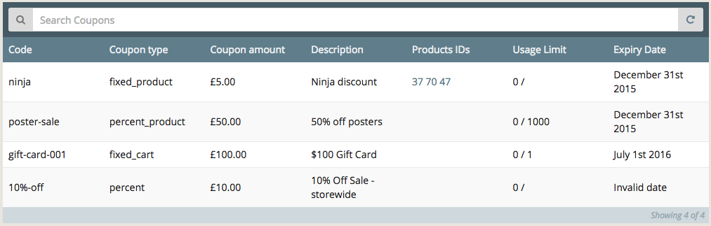 An example of the Coupon Management screen, introduced in WooCommerce Pro 0.4
