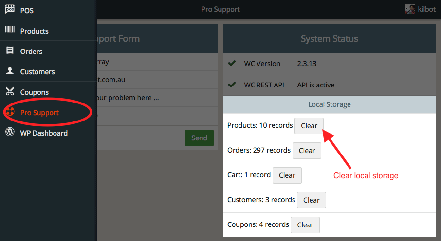 An example of clearing Product data using the POS Support page